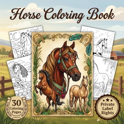 Horse Coloring Book PLR Publisher Kit With Realistic Equine Breed Portraits