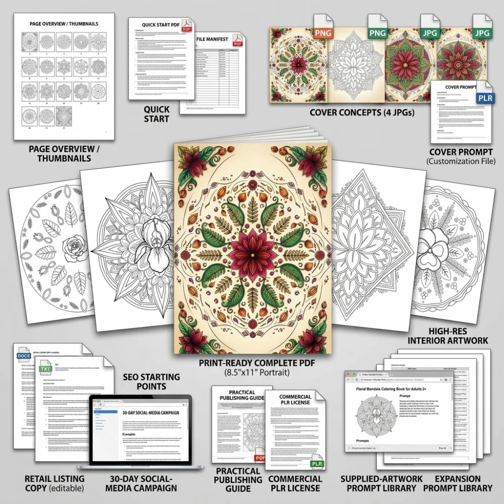 Floral Mandala Coloring Adults Coloring What You Get PLR files